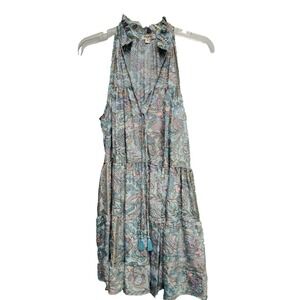 Paani Halter Tiered Dress Aqua Multi Tie Front Tassel Boho Size Small